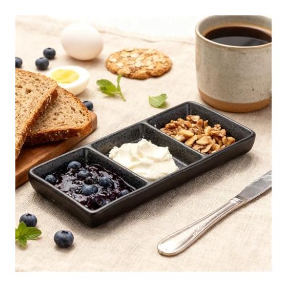 Japanese Style Ceramic 3-Compartment Dipping Dish with Chopstick Rest - Black, Microwave/Dishwasher Safe, Stackable, Perfect for Sauces, Appetizers,
