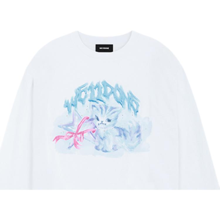 We11Done Autumn Winter Cat Print Long Sleeve T-Shirt Unisex Tops White WD-TT3-25-745-U-WH