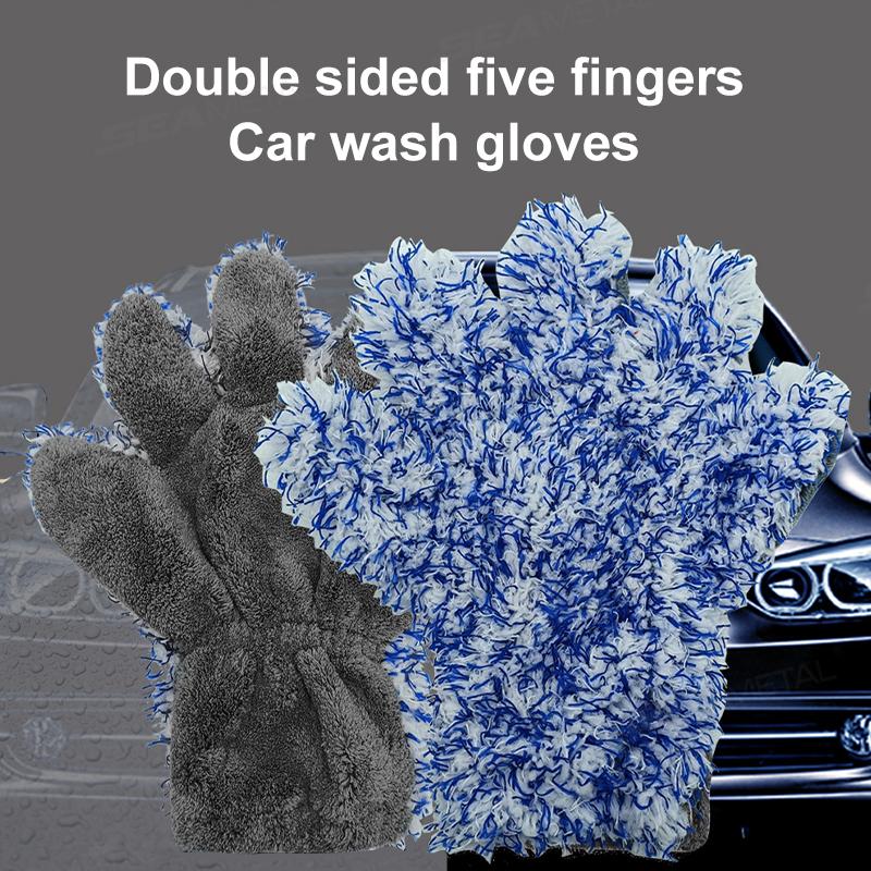 SEAMETAL Microfiber Car Wash Gloves Plush Car Washing Mitt 5-Finger Double-sided High Water Absorption Cleaning Glove
