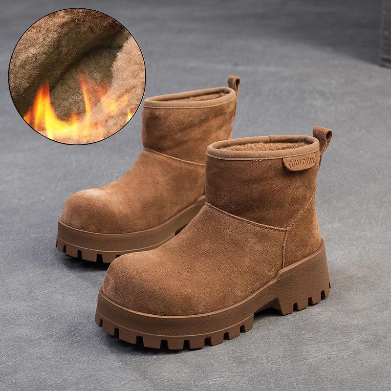 Fashion GKTINOO 2024 Winter New Wool Warm Cotton Boots Retro Versatile Nubuck Cowhide Thick Soled Women's Short Boots