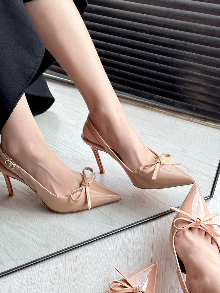 

Красивые нюдовые туфли на высоком каблуке для женских летних новых моделей 2025 года, пустые, с острым носком, на тонком каблуке, с открытым верхом, сексуальные туфли-лодочки, босоножки с бантом. 34