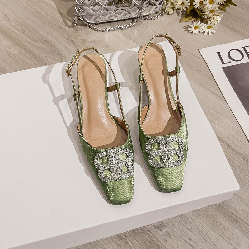 Baotou Sandals Women's Summer 2025 New Fashion Green Back Empty Thick Heel High Heels French Square Head Mid-heel Shoes