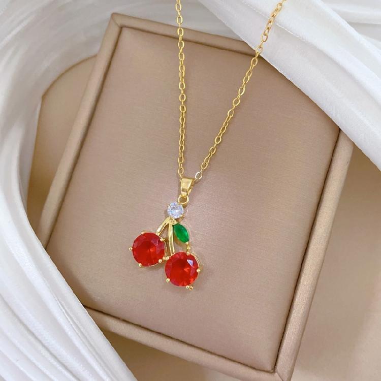 Vibrant Zircon Cherries Pendant Necklace Fashionable Cherries Designs Necklace Zircon Pendant Neckchain For Women