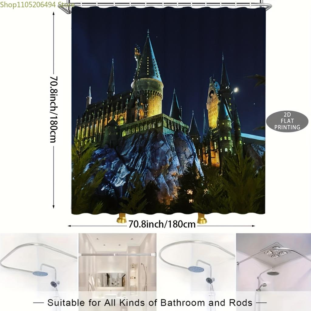 1pc 2D Flat Hogwarts Castle Night Scene Themed Shower Curtain, Perfect for Christmas and Halloween Decorative Gifts. Ideal for