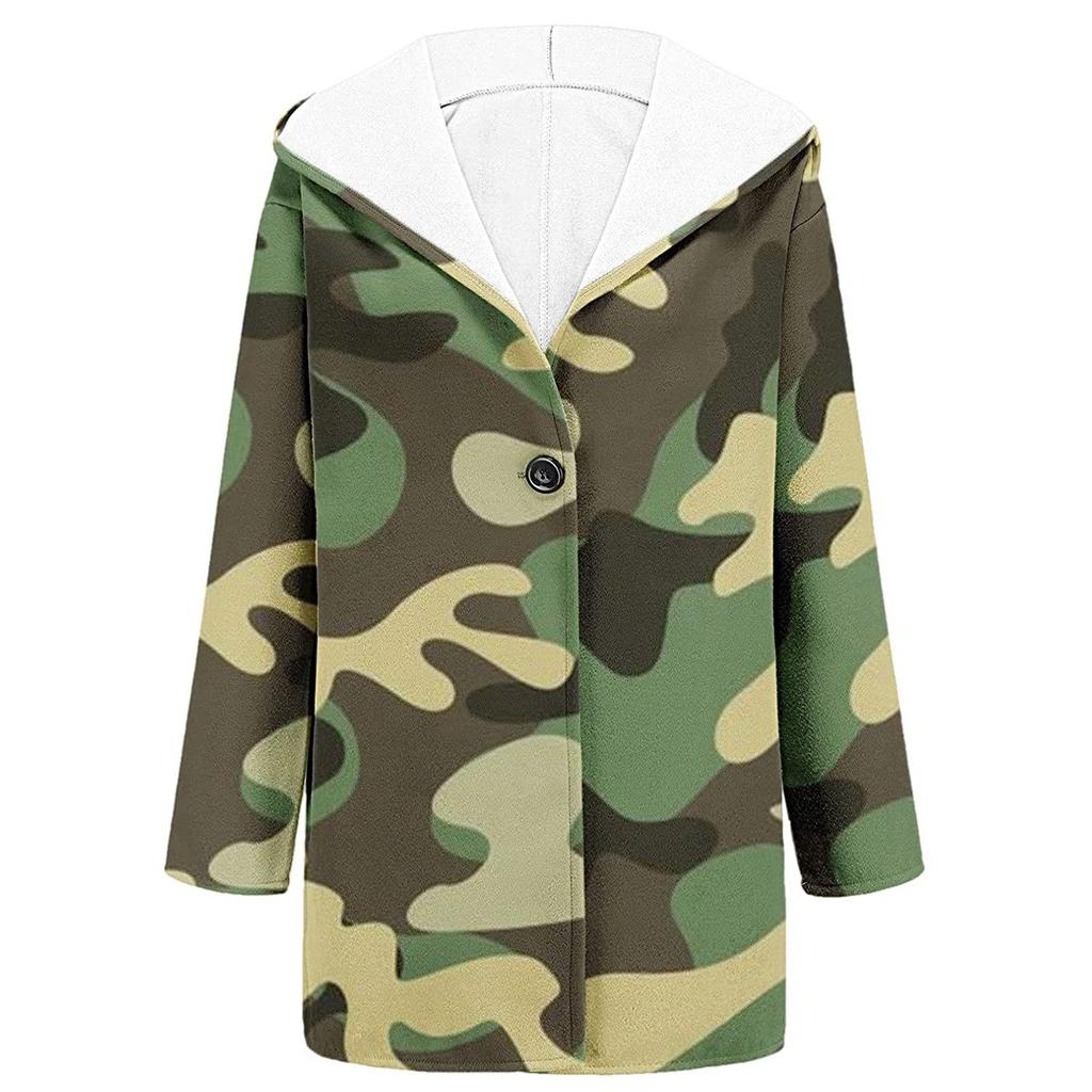 Women's Thick Woolen Cloth Ethnic Printed Hooded Jacket Windbreaker Cardigan