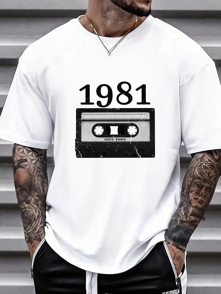 Unisex Summer Light Blue T Shirt Vintage 1981 Cassette Tape Graphic Tee Retro Music Streetwear Crew Neck Loose Daily Fashion Tops