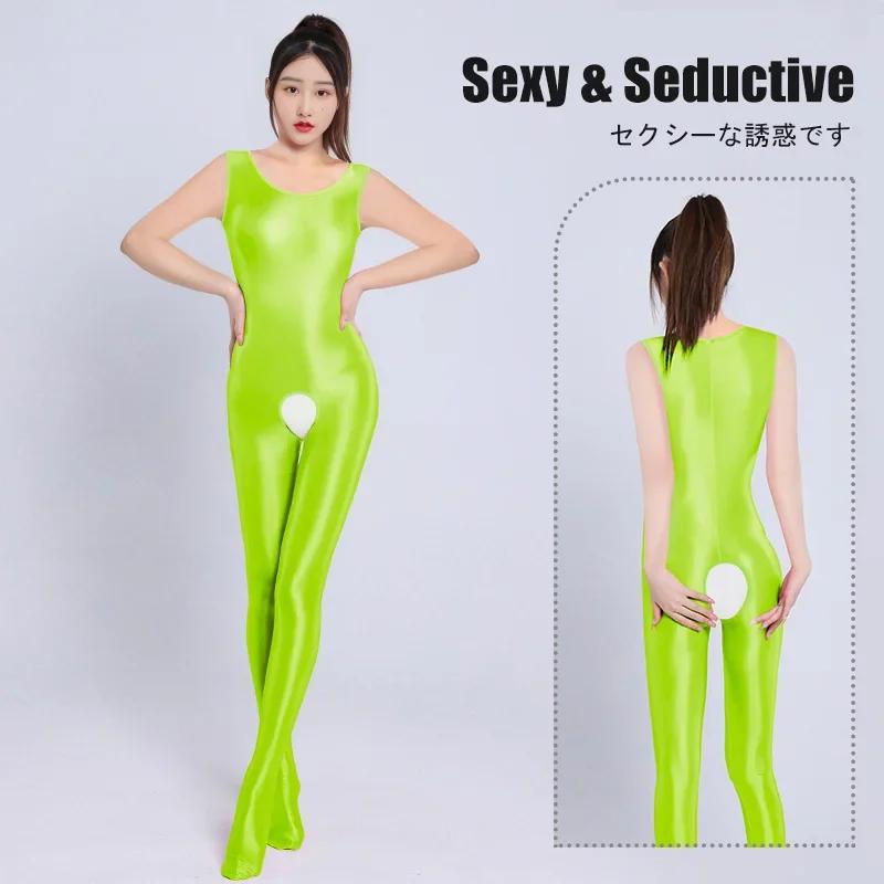 Sexy Shiny Glossy Backless Bodysuit Women'S Crotchless Sleeveless Jumpsuit Satin Smooth Tights One Piece Leotard Catsuit Ootd