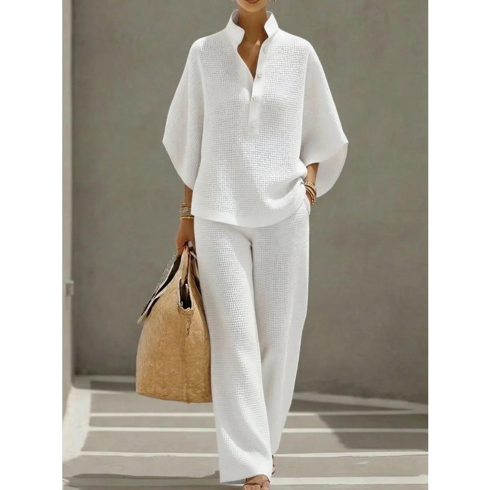 Women's Mandarin Collar Half Sleeve Button Up Shirt and Wide Leg Pants Casual Loungewear Set