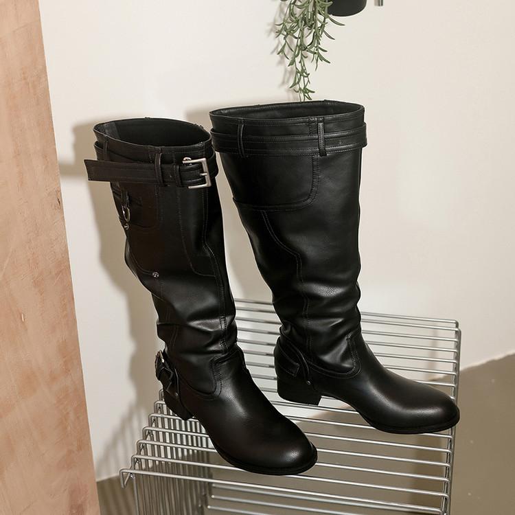 2025 new knee boots women's khaki suede round head belt buckle boots low heel thin folds stacked