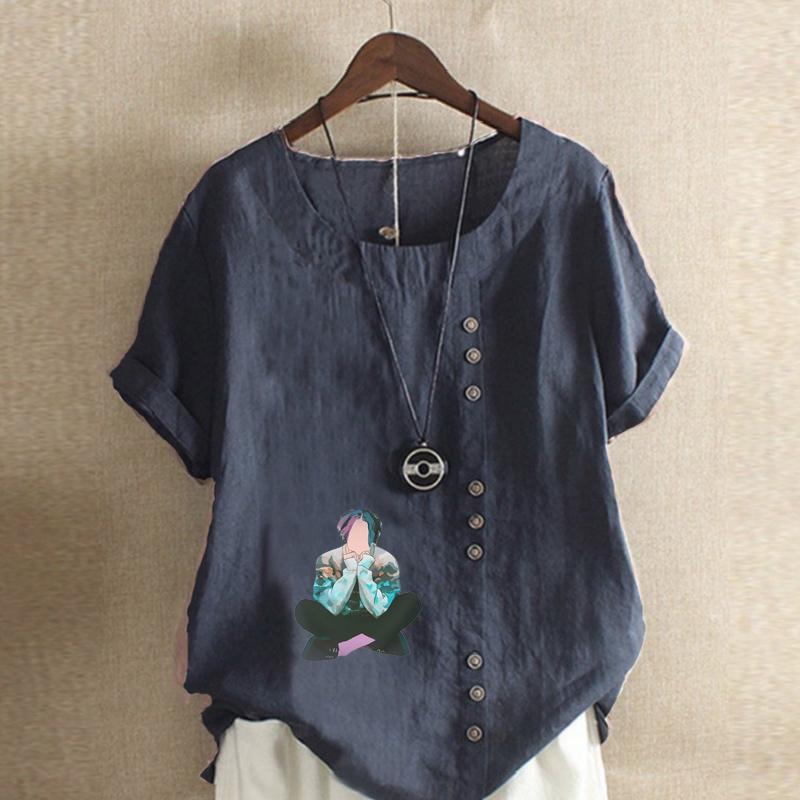 Women's New Fashion Linen Shirt Round Neck Short Sleeve Boy Printed T-shirt Summer Ladies Casual Plus Size Blouse Tops