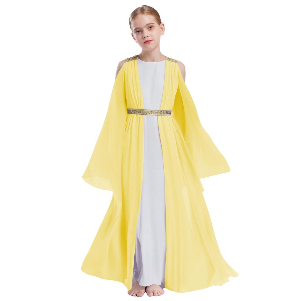 Girls Ancient Greek Roman Cosplay Costume Long Sleeve Golden Embroidery Dress Tulle Patchwork Halloween Gown