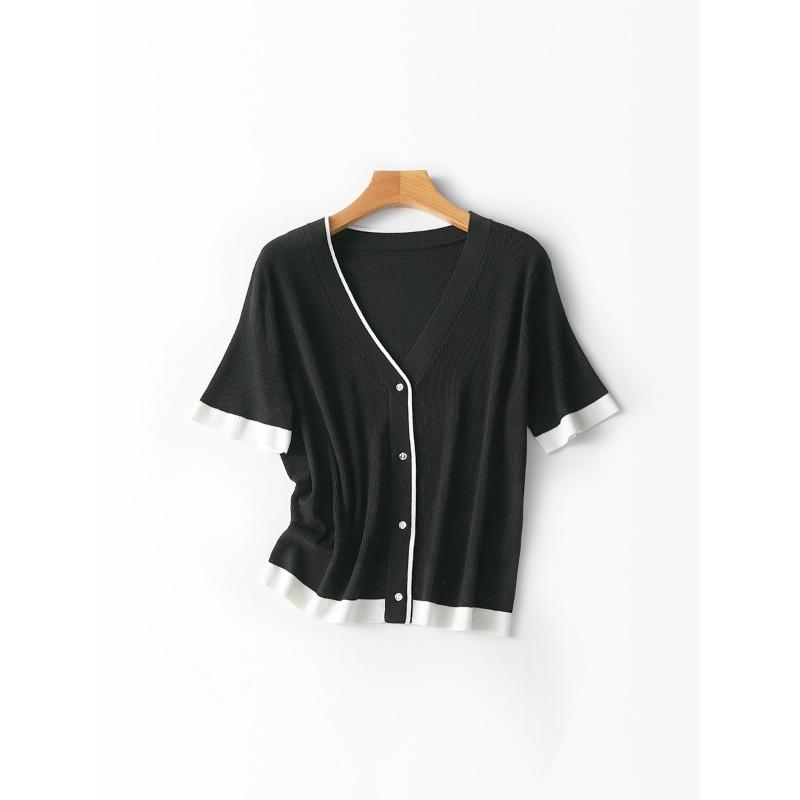 

Skin-friendly silk contrasting color splicing short-sleeved cardigan summer new half-sleeved casual top M чёрный