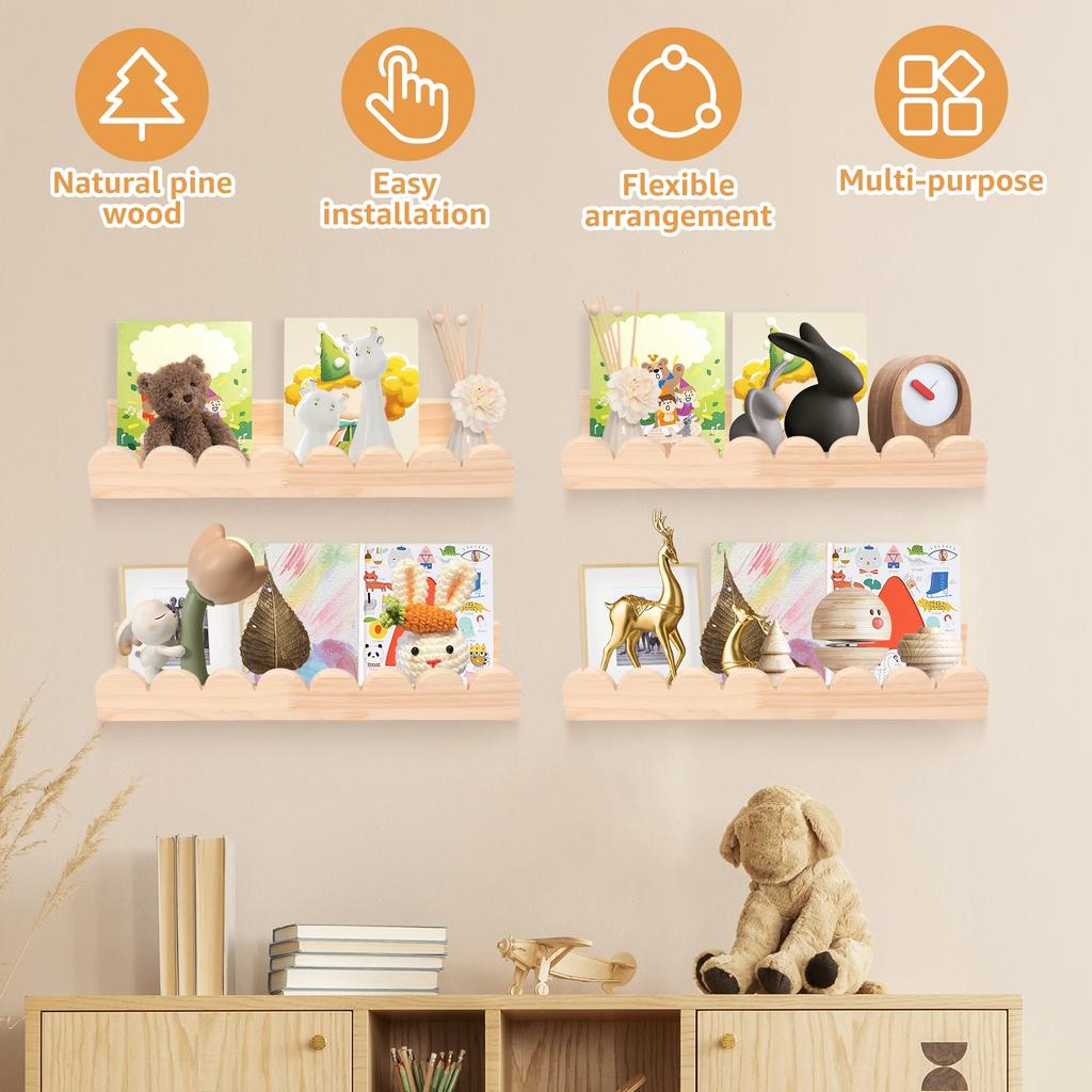 3/4Pcs Scalloped Wood Wall Storage Shelf Strong Load Bearing Wooden Floating Wall Shelf With Hook Decorative Display Shelf