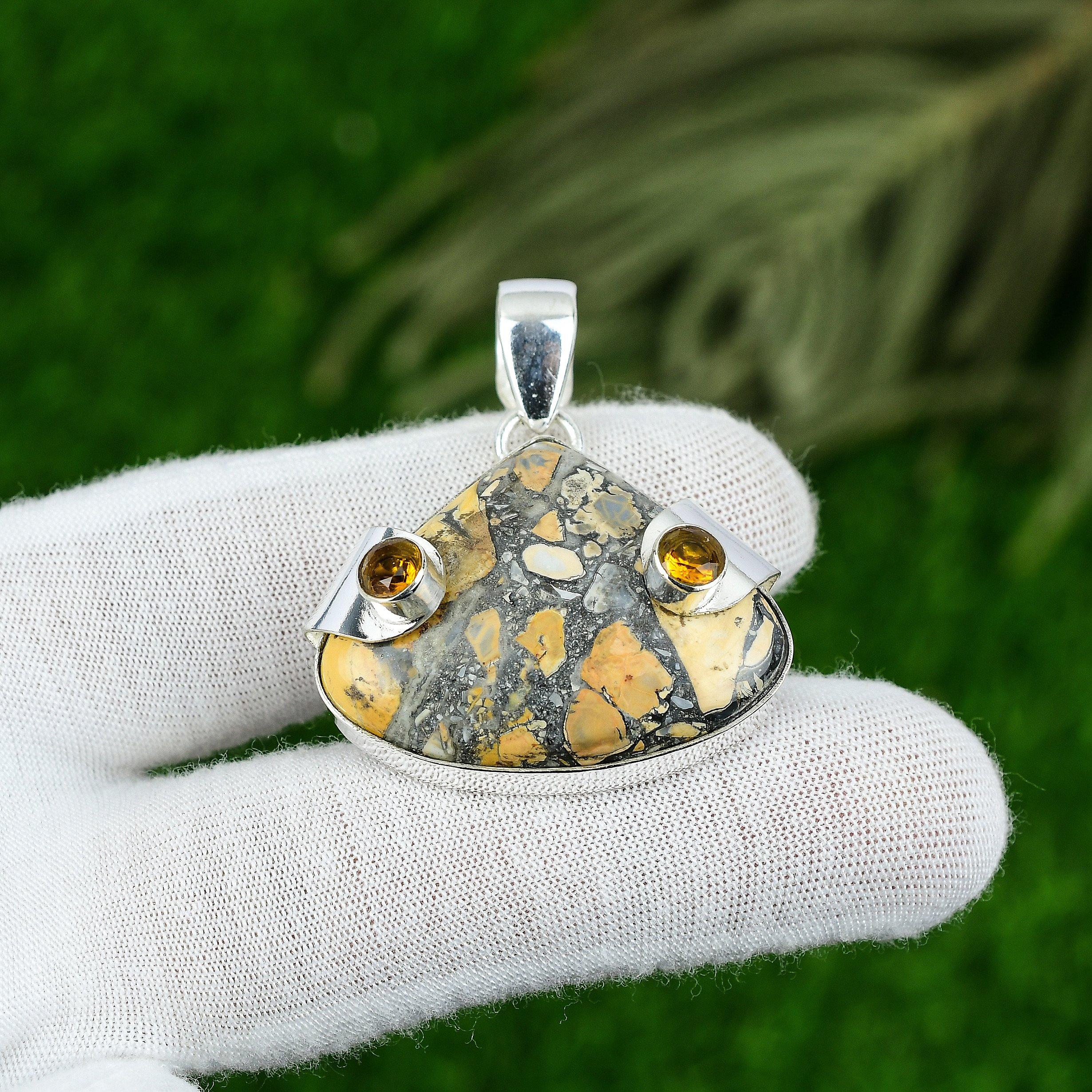 Natural Maligano Jasper Gemstone Pendant Yellow 925 Sterling Silver Jewelry