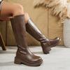 Women Platforms Knee High Boots Leather Wide Calf Chunky Block Heels Back Zipper Square Toe Color Motorcycle Riding Booties Stylish Comfort Non Shoes