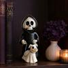 Black Ghost Puppy Figurine Grim Reaper & Ghostly Resin Figurine, Robed Skeleton with Cute Statue Dog Halloween Statue, Dark Gothic Decor