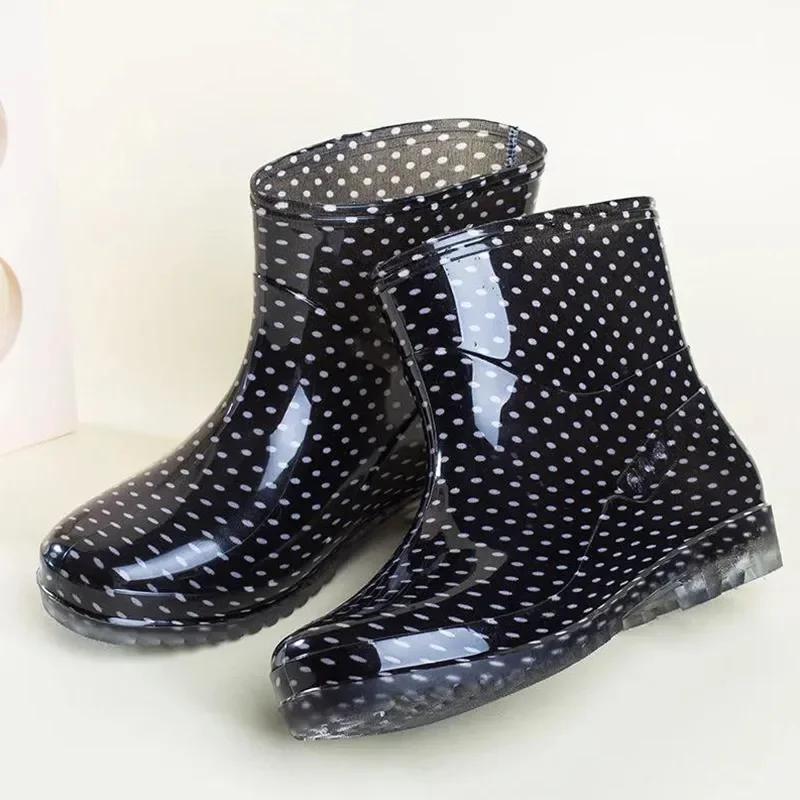 Black Polka Dots Women's Rain Shoes Waterproof And Non-slip Kitchen Work Rubber Shoes Pvc Short Tube Rain Boots Summer Shoes