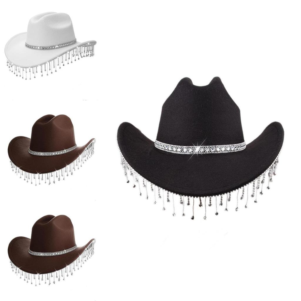 Western Cowgirl Hat With Rhinestone Tassel Decoration And Large Brim For Summer Outdoor Fashion