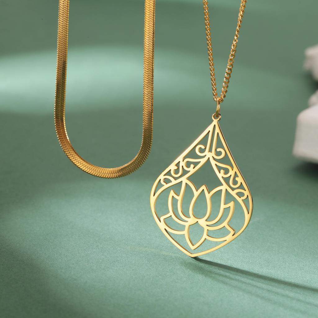 LIKGREAT Lotus Pendant Necklace Lotus Flower Double Layer Choker Stainless Steel Buddhist Yoga Meditation Jewelry Gift for Women