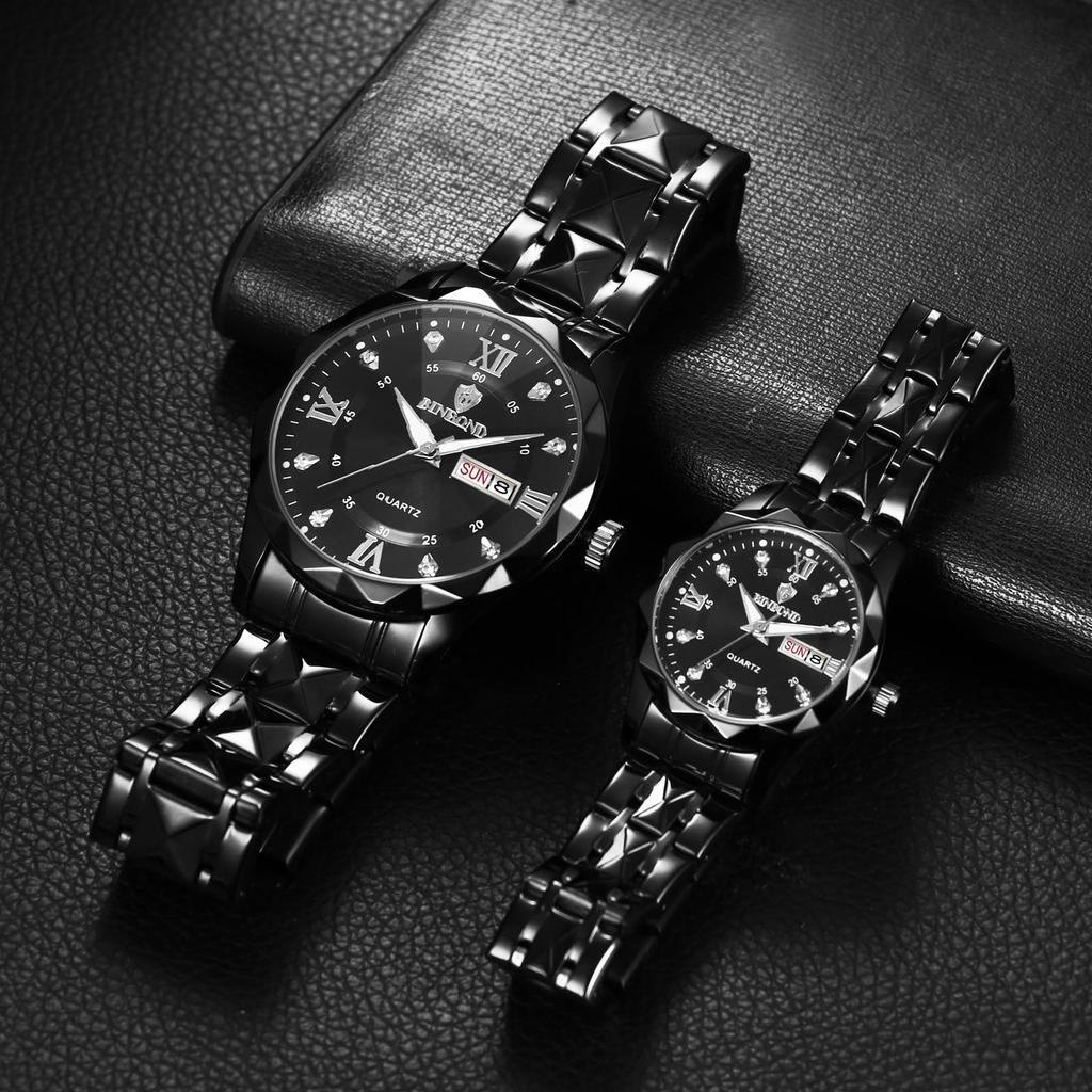 waterproof and rainproof wristwatch with luminous round stainless steel calendar large black and rhinestone Perfect for business or formal this pair