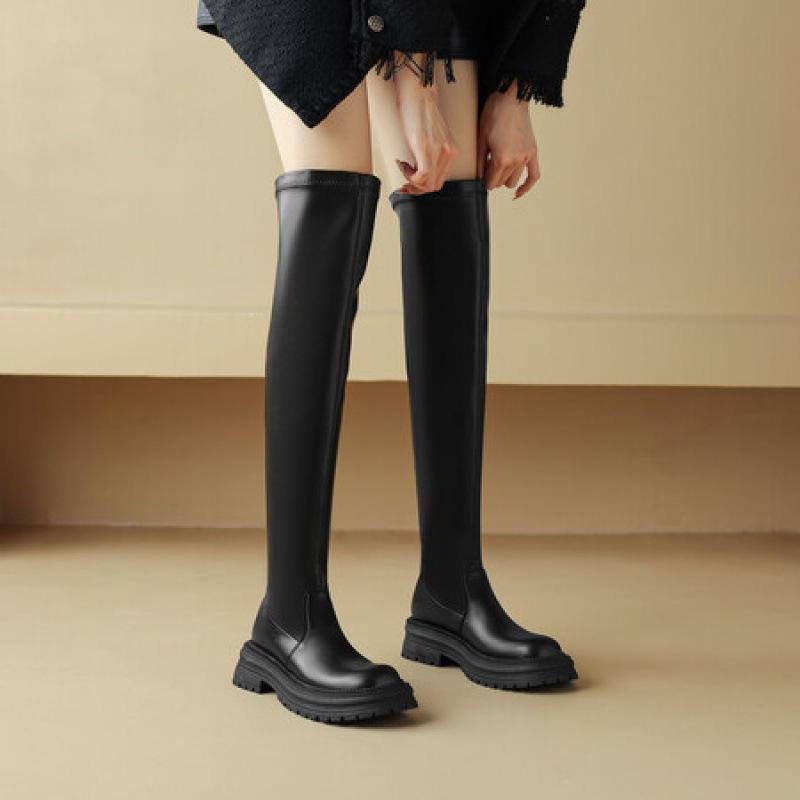 Herbst- und Winter-Overknee-Stiefel aus schwarzem Leder für Damen, bequeme, dicksohlige, rutschfeste Damenstiefel in Übergröße, mittlerer Absatz, neue runde Spitze M