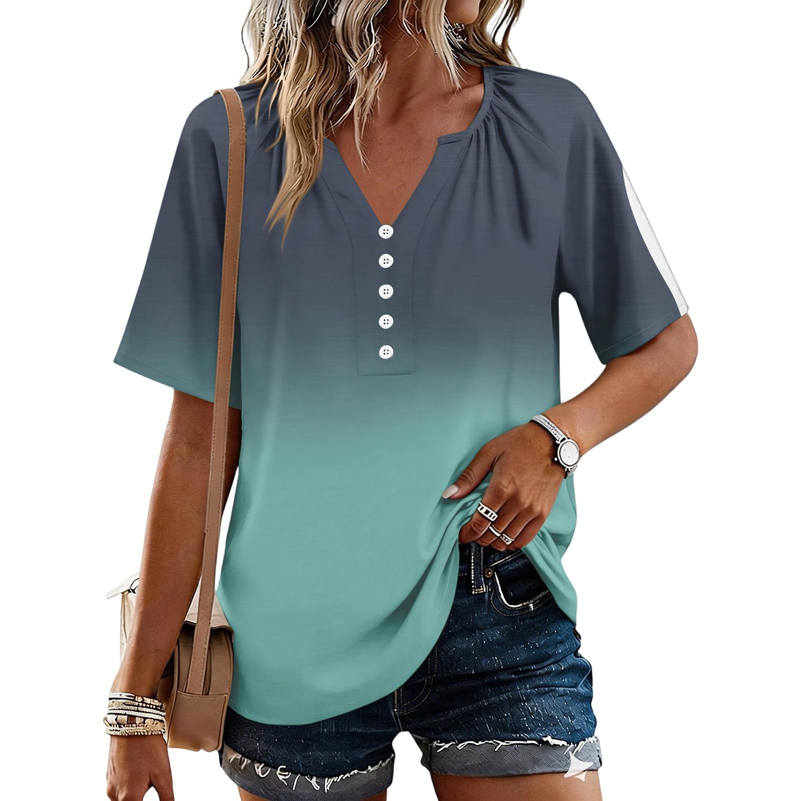 Women s Fashionable Casual Floral Print Button V-neck Short-sleeved Top XXL
