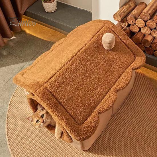Pet Bed Cave with Removable Cushion Pillow Cartoon Bear Enclosed Indoor Cat Dog House Kitten Puppy Winter Warm Plush Sleeping Nest Pet Supplies