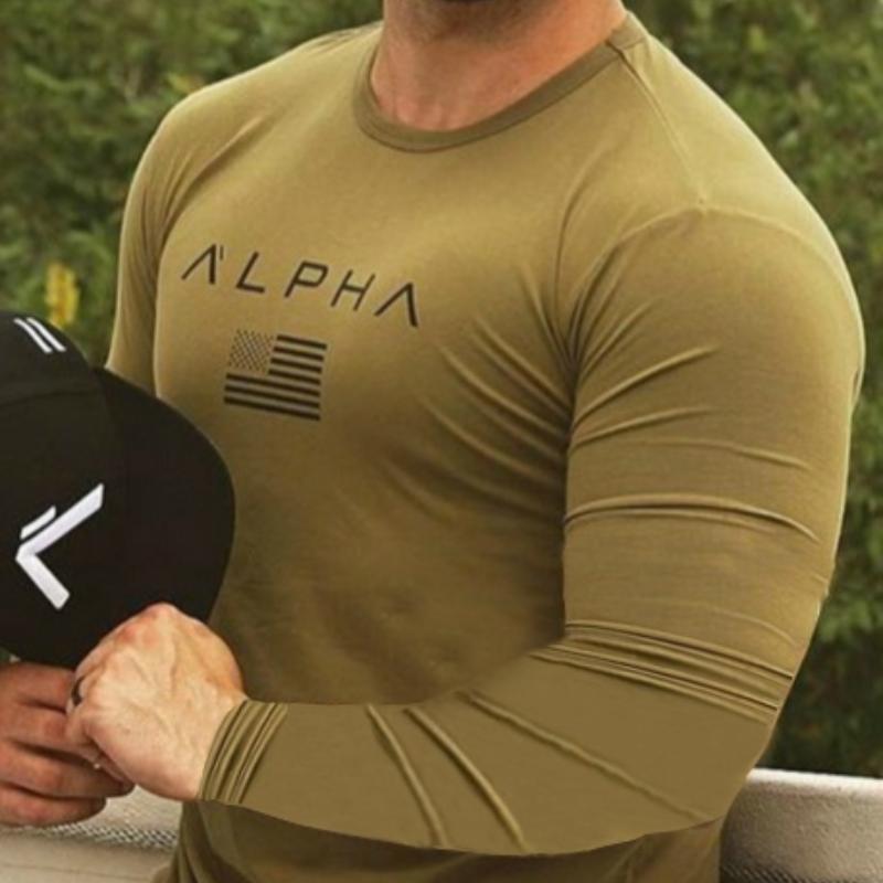 Men Long Sleeves Letter Printed T-Shirt Fitness Tees Outdoor Sport Running Climbing Tights Bodybuilding Muscle Gym Train Compression Shirt