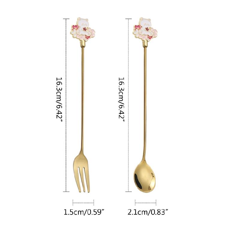 4Pcs Stainless Steel Dessert Spoon Fork Long Handle Coffee Stirring Spoons Cats Teaspoon for Dessert Milkshakes Salad