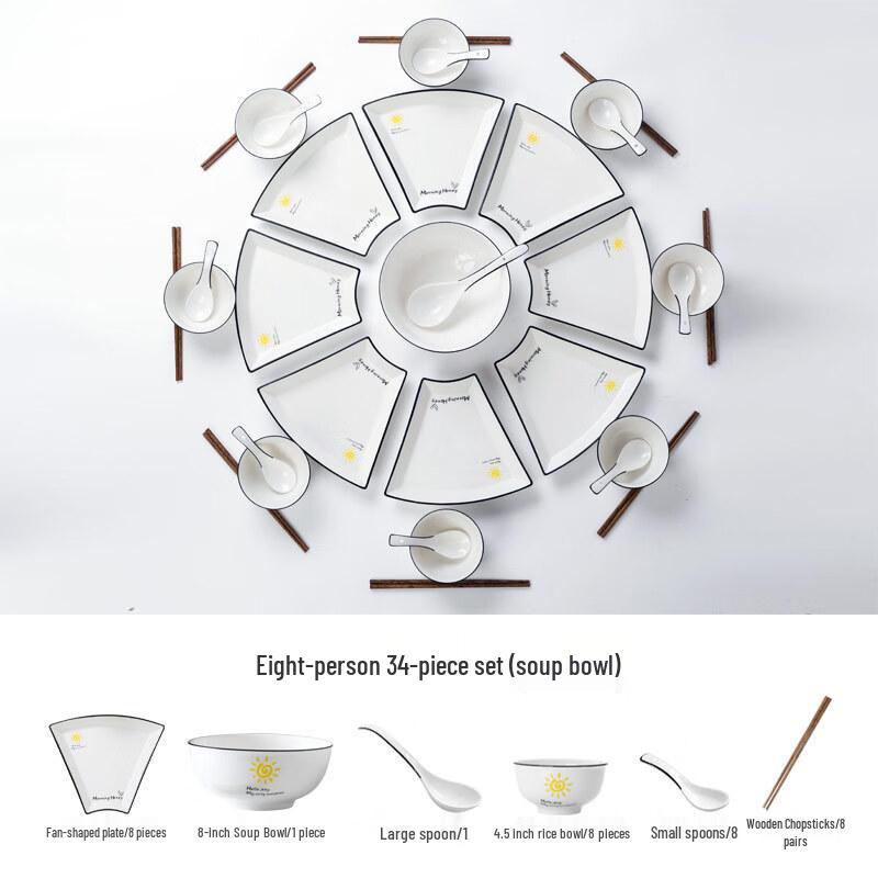 Huazao Baijia Creative Ceramic Dinnerware Set 34-piece Round & Fan Plate Set
