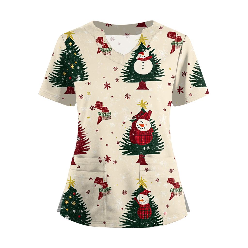Kortermet juleprintet V-hals Topp T-skjorte med knapper i siden og splitt