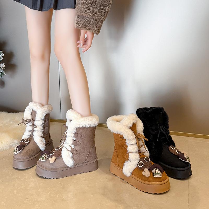 Women's Lace-up Large Size Thick Sole Winter Warm Fur Snow Boots Padded Lined Ankle Boots Anti-slip Hiking Sports Cotton Boots