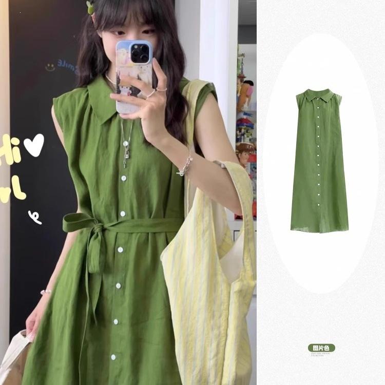 Retro literary green shirt sleeveless dress women's simple casual summer comfortable relaxed atmosphere long skirt
