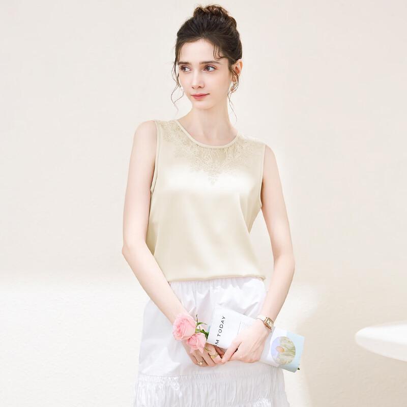 TUHUANG Elegant Mulberry Silk Blend Lace Round Neck Sleeveless Top