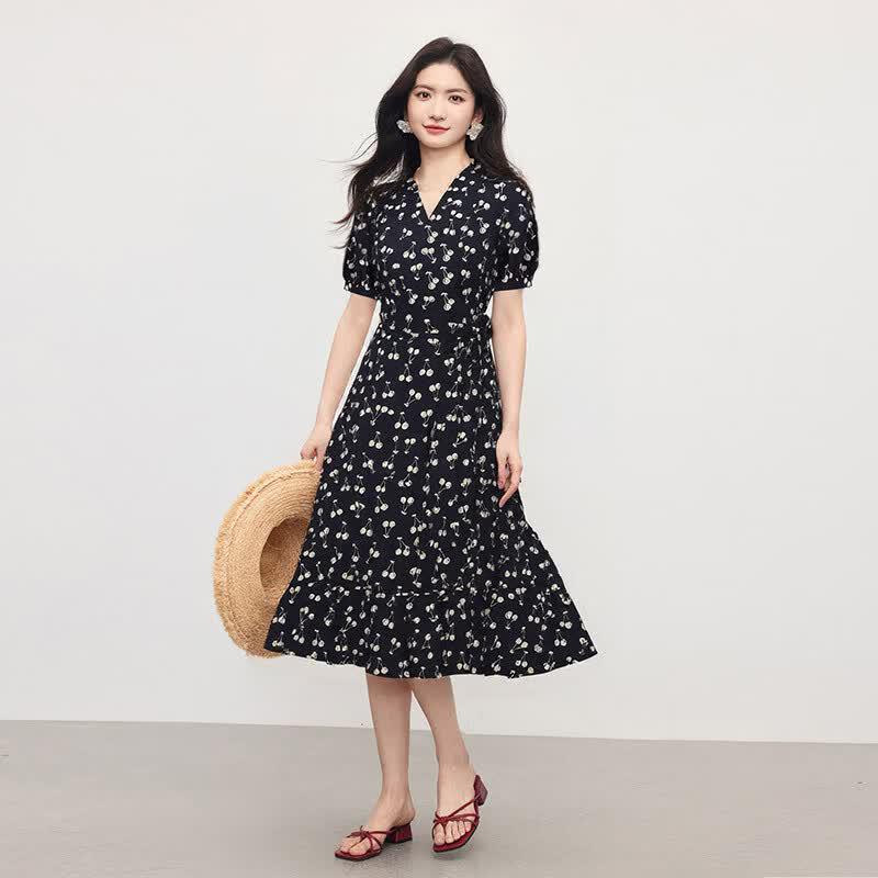 SLLSKY Retro Floral V-Neck Wrap Dress