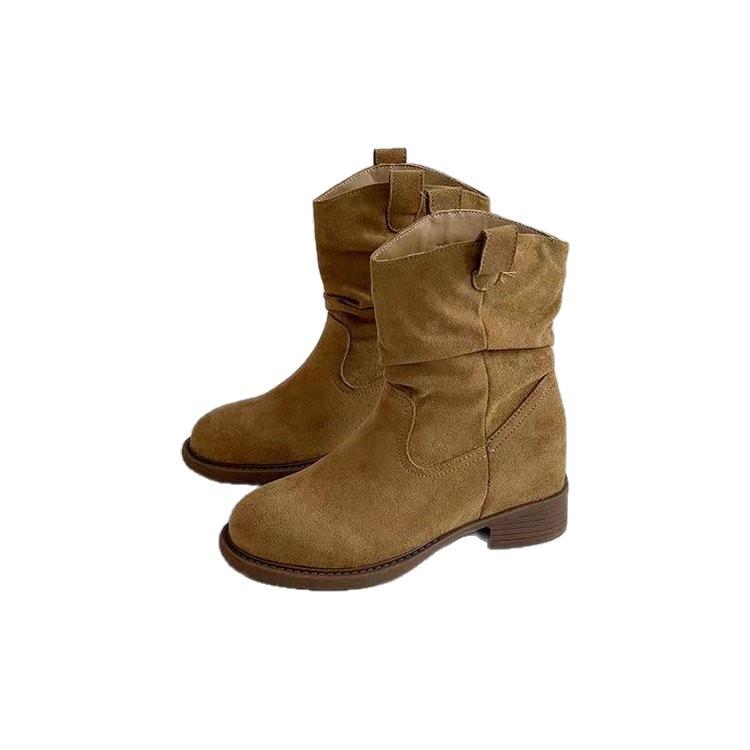 Retro Round Head Stacking Boots 2025 Autumn New Ins Style High Heel Western Cowboy Knight Boots Medium Boots Short Boots