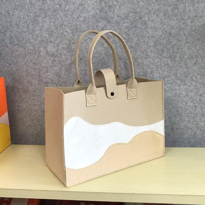 Reusable Felt Tote Bag Wavy Color Block Design Snap Closure Large Capacity for Picnic Shopping Office Commute