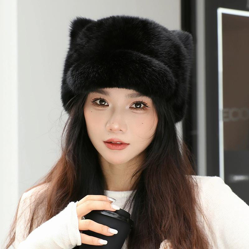 

Новая шапка с кошачьими ушками из кроличьего меха, мужская и женская, осенне-зимняя, меховая шапка, модная, универсальная, теплая, для пары 56-60 [Adjustable] чёрный