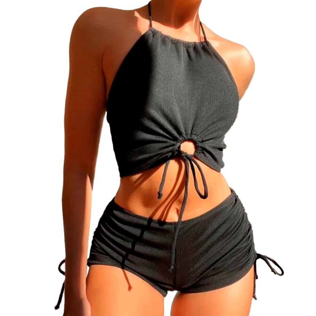 RONGUI Damen Halter Neck Tankini Badeanzug mit Brustabdeckung, Separate Teile, Ohne Bügel und Gepolstert (JP, Alphabet, M, Schwarz)