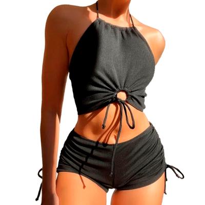 RONGUI Women's Halter Neck Tankini Swimsuit with Chest Coverage, Separate Sections, Non-Wired and Padded (JP, Alphabet, M, Black)