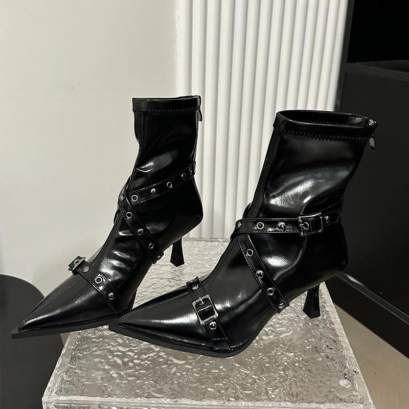 Rivet thin heel locomotive short boots thin boots women's autumn and winter new belt buckle high heel boots punk style boots