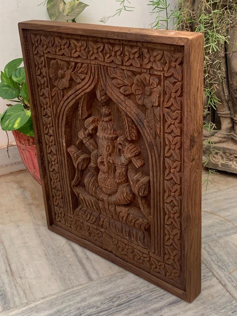 Teak Wood Ganesha Wall Panel: Handcrafted Hindu Temple Decor