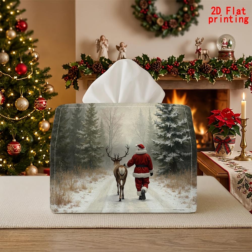 1pc Santa & Reindeer Tissue Box with Snow Pattern - Reusable Napkin Dispenser Suitable for Kitchen, Car, Office, Parties - Compact Decorative Storage