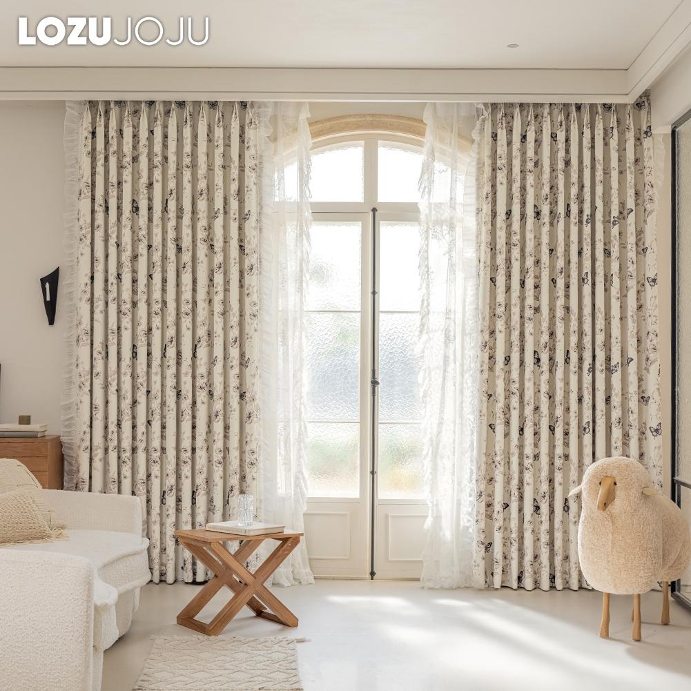 1PC LOZUJOJU 70-80% Blackout French Romantic Style Butterfly Print Pattern Ruffle Edge Curtain for Bedroom Living Room Home Decor