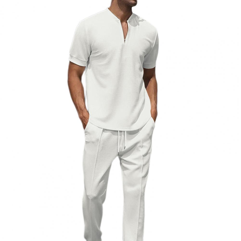 

2Pcs/Set Men Casual Outfit Stand Collar Zipper Neckline Short Sleeve Tops Elastic Waistband Drawstring Pockets Pants Set M белый