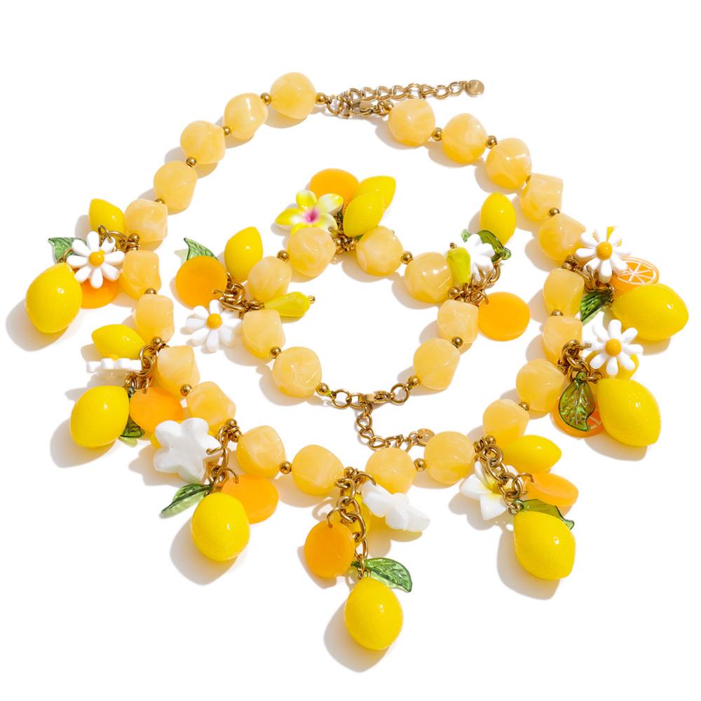 Yhpup Frühling Sommer Stil Zitrone Charme Statement Halskette Armband Armband Set 2026 Blume Acryl Harz Kette Handgefertigter Schmuck