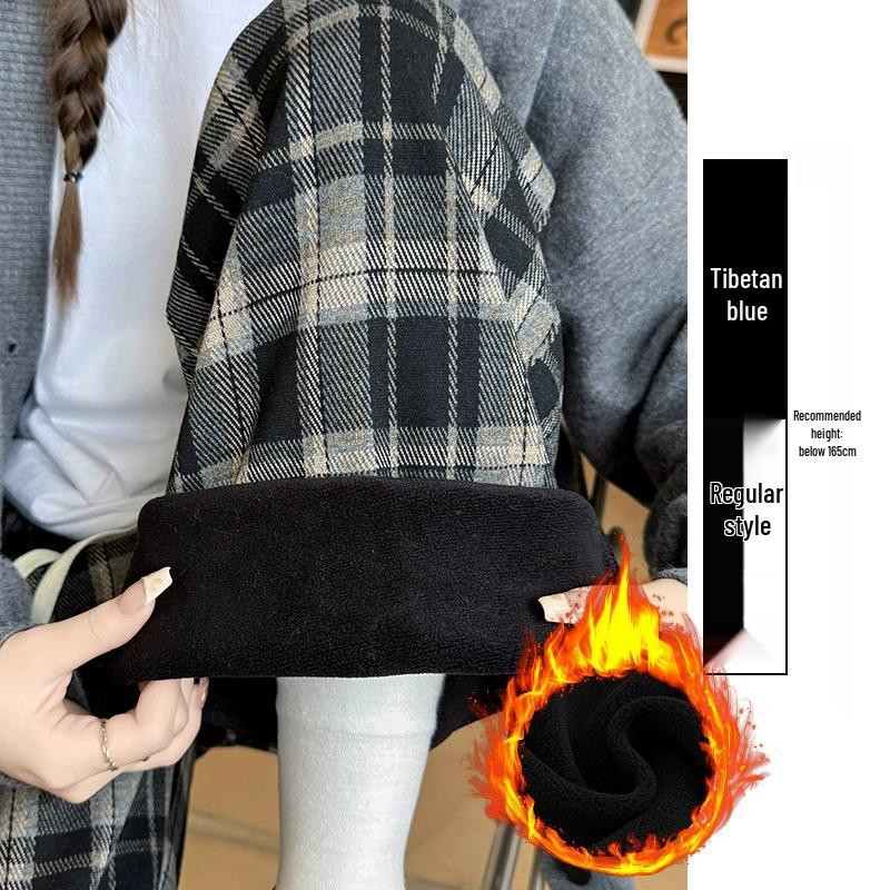 145 Women's Brown Vintage Plaid Wide-Leg Pants, High Waist, Fleece-Lined, Petite Size, Casual Autumn/Winter Style.