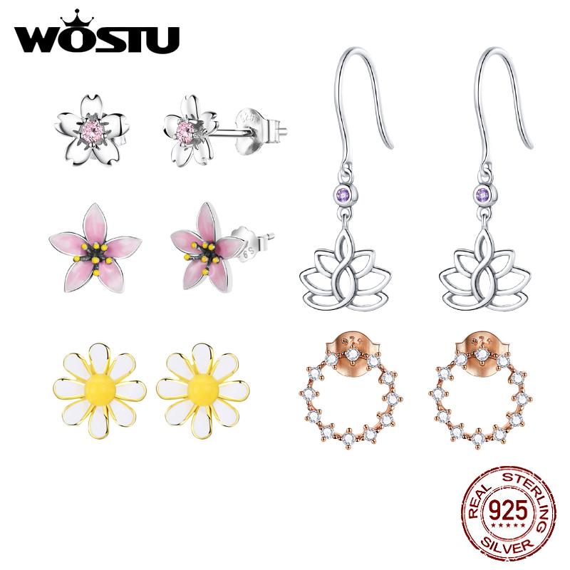 WOSTU 925 Sterling Silver Colorful Pink Cherry Romantic Flower Rose Lotus Elk Stud Earrings For Women Fashion Party Jewelry