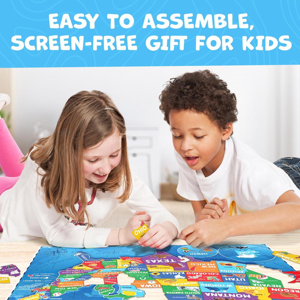 Momo & Nashi Amerikanisches Puzzle für Kinder von 4-6 Jahren - Lernspielzeug für Jungen und Mädchen Alter 3 - 70 Teile Amerikanische Karte Kinderpuzzle 50 Staaten und Hauptstädte