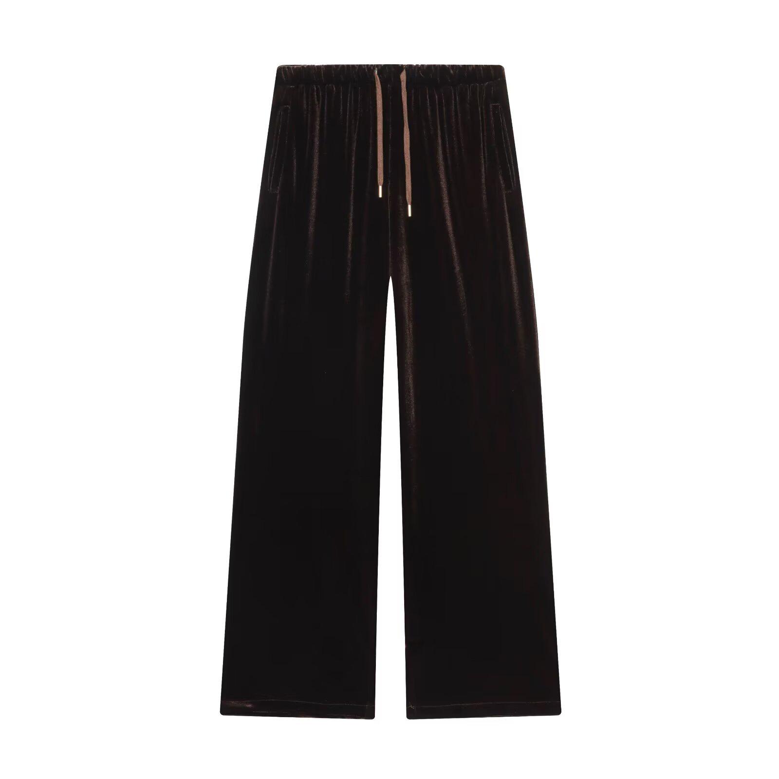 European & American Style Hooded Velvet Coat and Wide-Leg Pants - Autumn Collection Extra Small